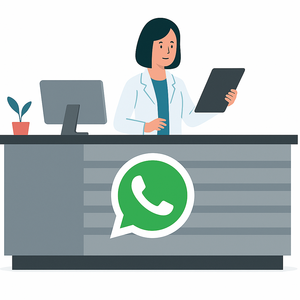 Frau hinter HV-Tisch mit Handy. WhatsApp-Logo